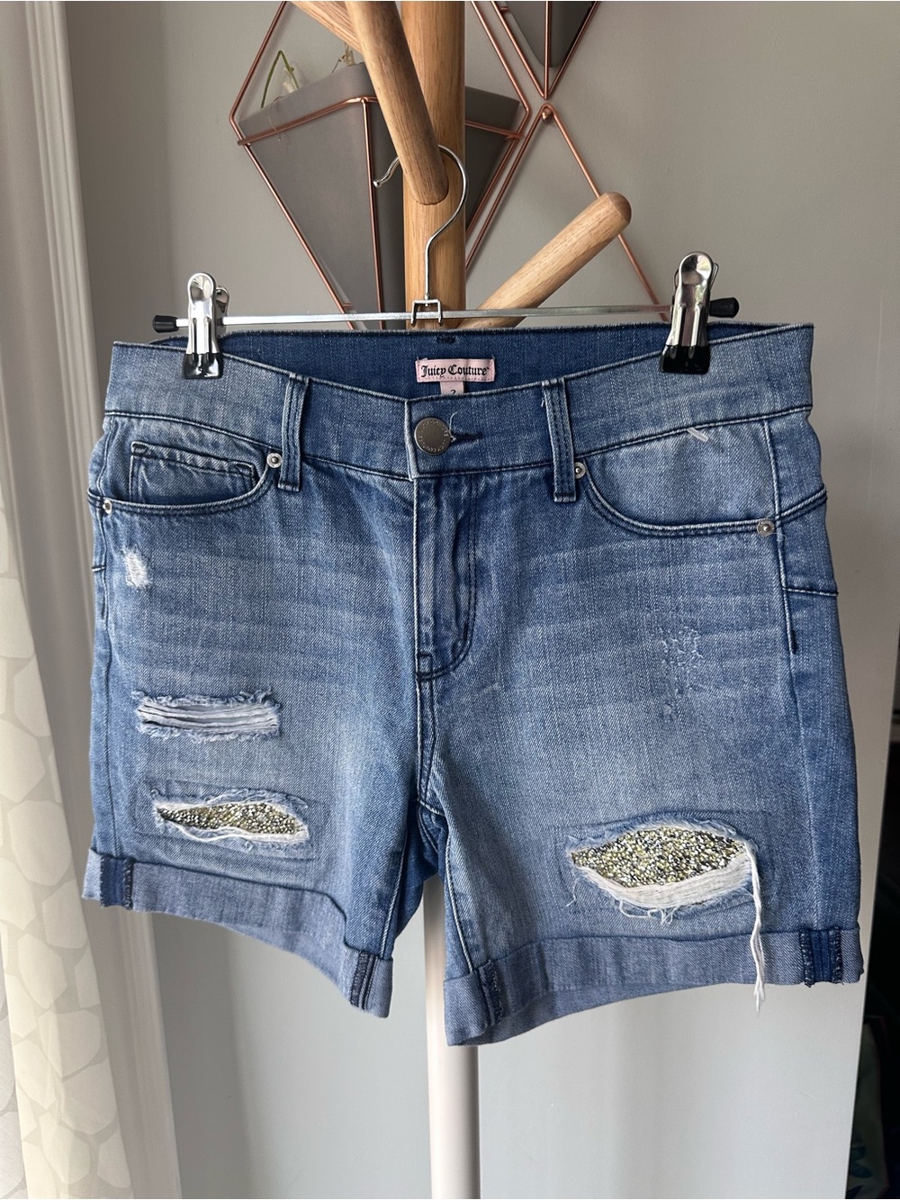 Y2K Juicy Couture Distressed Denim Jean Shorts Crystals Embellishment Blue Sz 2